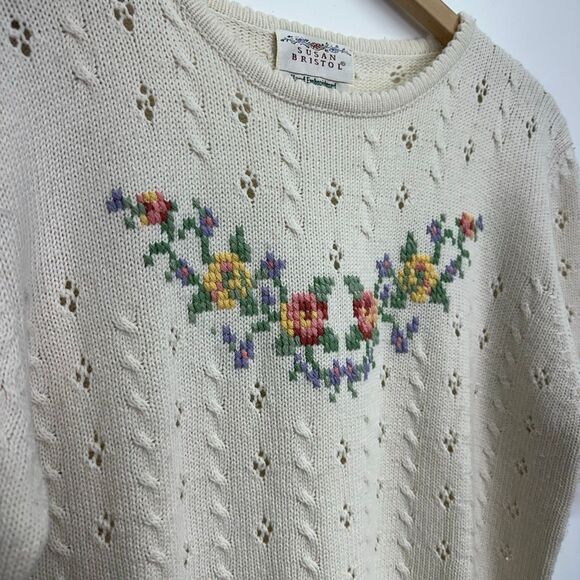 Susan Bristol Vintage Women’s Short Sleeve Multi Floral Cream Crop Knit Sweater - Picture 6 of 9
